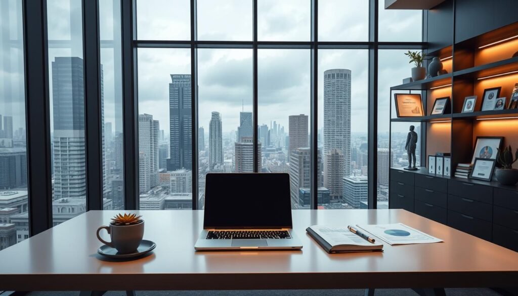 A modern, elegant corporate office interior with large windows overlooking a bustling cityscape of Mexico City. The desk in the foreground is spacious and minimalist, with a laptop, coffee mug, and a few documents neatly arranged. The lighting is soft and warm, creating a professional yet inviting atmosphere. In the background, shelves display various business-related objects, including a succulent plant, a few framed certificates, and a small model of a skyscraper. The overall mood conveys a sense of strategic planning, financial stability, and executive-level decision making.