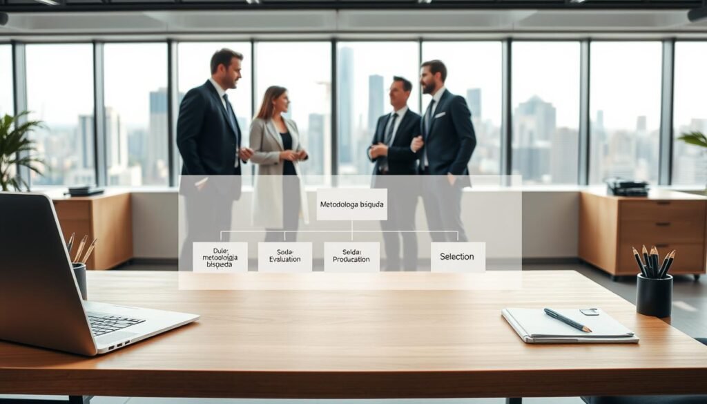 A modern executive office setting with a well-lit, minimalistic interior. In the foreground, a sleek wooden desk with a laptop, a few carefully curated office supplies, and a stylized organizational chart representing the "metodología búsqueda" process. The middle ground features a team of well-dressed professionals, engaged in animated discussion, symbolizing the evaluation and selection stages. The background showcases floor-to-ceiling windows overlooking a bustling city skyline, conveying a sense of professionalism, productivity, and ambitious executive search. The overall mood is one of precision, collaboration, and a forward-thinking approach to talent acquisition.