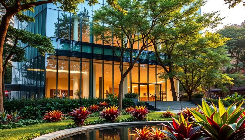 A modern, glass-paneled office building nestled amidst lush, verdant foliage in the heart of Bogotá, Colombia. The facade reflects the city's vibrant energy, with a sleek, angular design that projects a sense of professionalism and sophistication. The lobby is bathed in warm, natural light from floor-to-ceiling windows, conveying a welcoming atmosphere for visitors and employees alike. In the foreground, a well-manicured garden with colorful native plants and a tranquil water feature creates a serene, natural contrast to the urban setting. The overall scene evokes a harmonious balance between the parent company's global reach and the local Colombian context, symbolizing the seamless integration of the branch office within the local community.