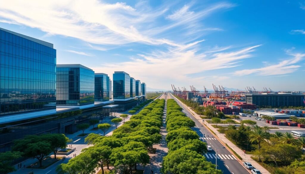 A modern, minimalist architectural landscape showcasing a dynamic free trade zone. In the foreground, sleek glass and steel office buildings with clean lines and geometric shapes. Overhead, a clear blue sky with wispy clouds. In the middle ground, tree-lined avenues and landscaped plazas where people stroll and gather. In the background, a bustling transportation hub with cranes, cargo containers, and efficient logistics systems. The scene is illuminated by warm, directional lighting that casts dramatic shadows, emphasizing the modern, efficient, and business-friendly atmosphere of the free trade zone.