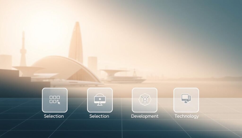 A modern, minimalist composition showcasing the key services of a technology-focused executive search and talent development firm. In the foreground, a clean grid of square icons representing the firm's specialties - selection, development, and technology. The middle ground features a serene landscape of geometric shapes and architectural elements, hinting at the sophisticated, high-tech nature of the organization. The background is bathed in a soft, warm light, conveying a sense of professionalism and expertise. The overall aesthetic is sleek, polished, and designed to appeal to a discerning, tech-savvy audience.