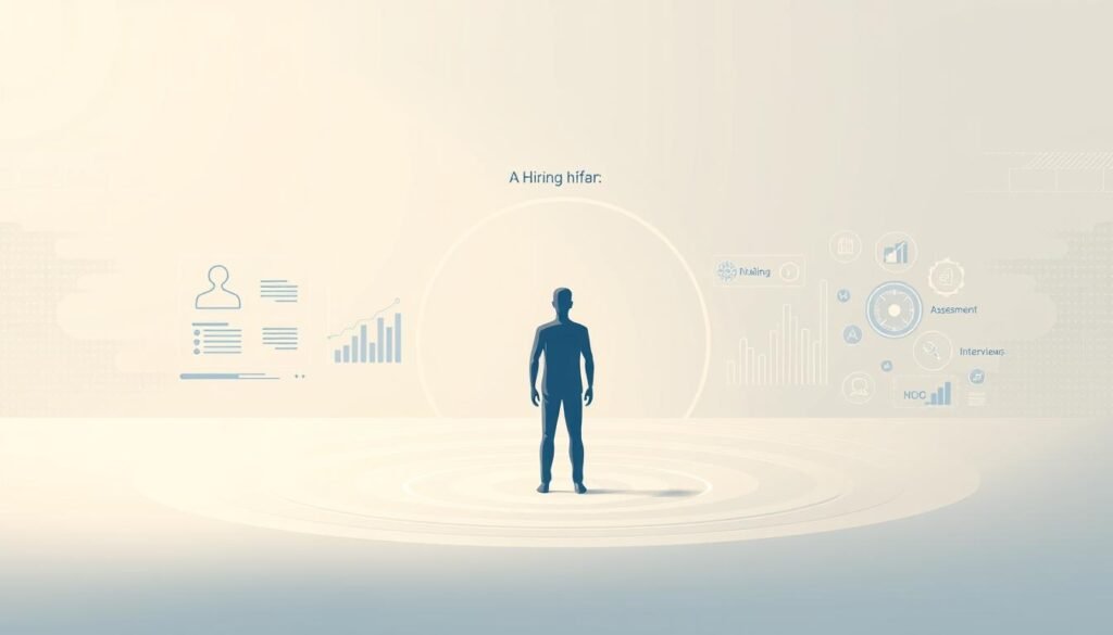 A modern, minimalist illustration depicting the key stages of a fair AI-powered hiring process. In the foreground, a stylized human figure stands among concentric rings representing distinct hiring phases - application, assessment, interviews, and selection. The middle ground features abstract data visualizations and AI-powered analytics tools, symbolizing the intelligent systems powering the process. The background has a clean, futuristic aesthetic with subtle grid patterns and geometric shapes, conveying a sense of technological advancement and precision. The overall scene is bathed in a soft, neutral color palette with gentle highlights, creating a professional, polished atmosphere.