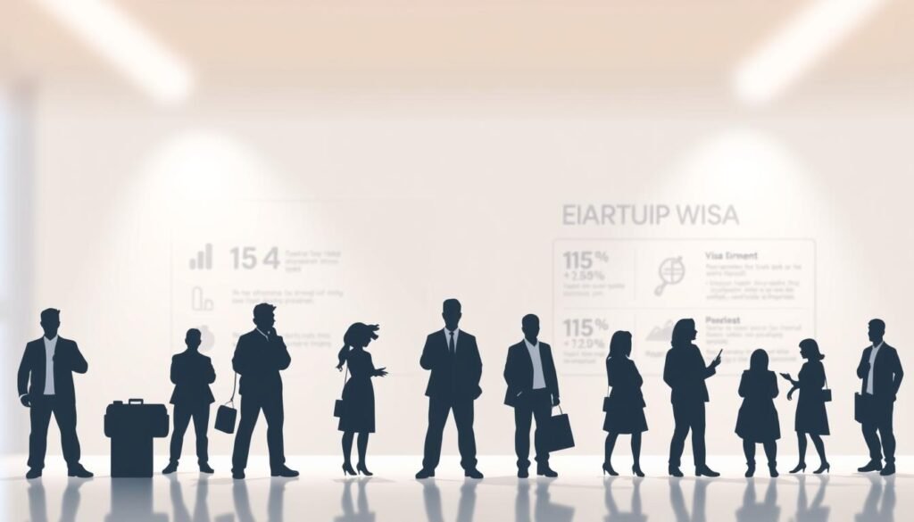 A modern, minimalist illustration depicting various visa options for entrepreneurs, set against a clean, professional background. In the foreground, simplified icons or silhouettes representing different visa types (e.g., business, startup, investor, etc.) are arranged in a visually compelling layout. The midground features subtle infographic-style elements that convey key information about visa requirements, processing times, and benefits. The background is a softly blurred, neutral color palette that allows the visa icons and data visualizations to take center stage. Bright, directional lighting from the top left casts gentle shadows, creating depth and dimension. The overall mood is one of clarity, organization, and helpful guidance for navigating the complex world of business immigration.