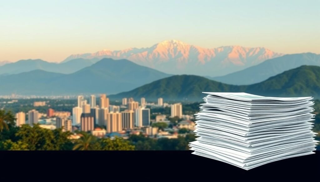 A modern, minimalist illustration of "supplementary plans" against a vibrant Colombian landscape. In the foreground, a stack of financial documents and forms representing the supplementary benefits. In the middle ground, a city skyline with modern high-rises and lush greenery. In the background, the majestic Andes mountains under a warm, golden-hour glow. The composition conveys a sense of progress, prosperity, and the evolving nature of employee benefits in the Colombian market.