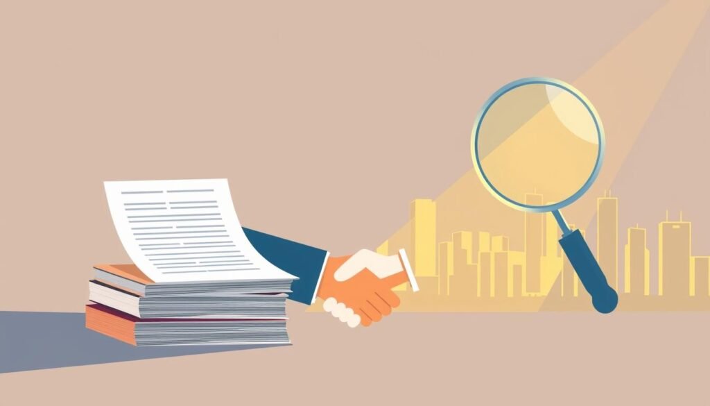 A modern, minimalist illustration showcasing "Honorarios, garantías y reemplazo" concepts. In the foreground, a stack of documents and a handshake gesture symbolize contractual arrangements. In the middle ground, a magnifying glass hovers, inspecting the details. The background features a sleek, geometric cityscape bathed in warm, directional lighting, conveying a sense of professionalism and security. The color palette is muted, with accents of gold and blue, creating an elegant, high-end aesthetic. The overall composition is balanced and visually striking, effectively communicating the key ideas of the article section.