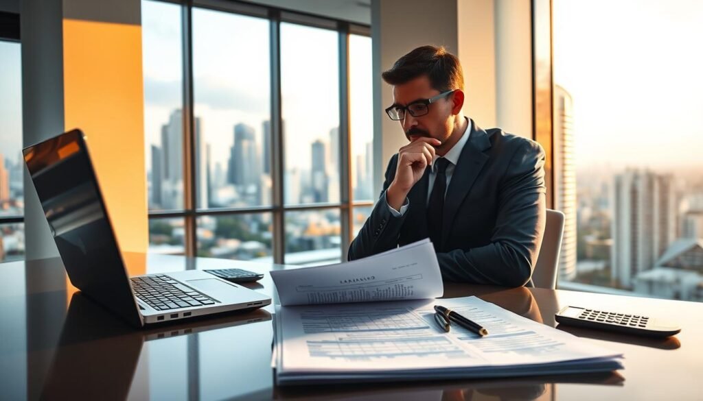 A modern, minimalist office interior with a large window overlooking a bustling city skyline. On the desk, a stack of financial documents, a laptop, and a pen resting next to a calculator. The lighting is warm and natural, casting a soft glow across the room. In the foreground, a businessman in a sharp suit sits contemplating the documents, deep in thought about the capital requirements for an LTDA company in Colombia. The atmosphere conveys a sense of focused determination and attention to detail.