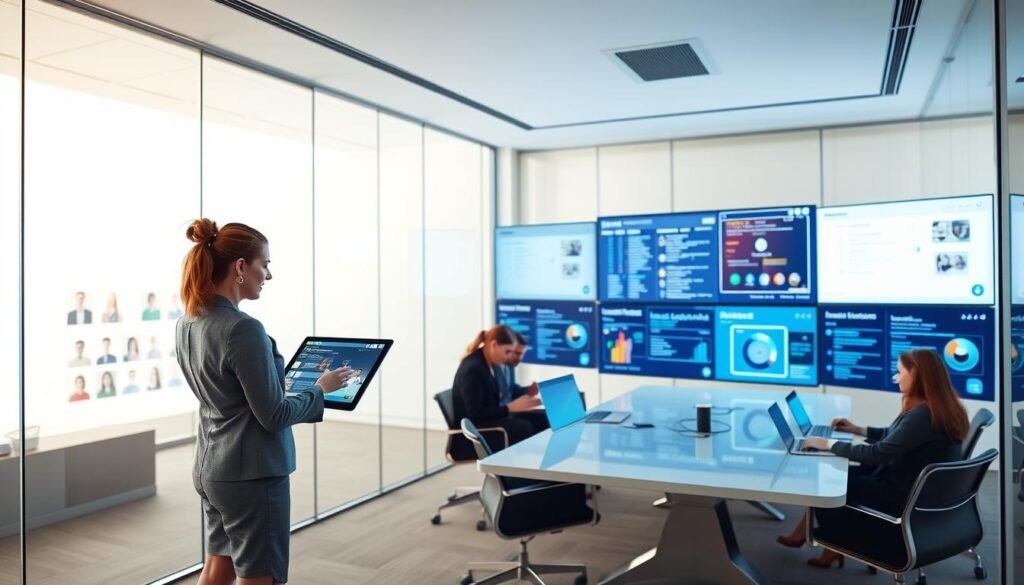 A modern, minimalist office interior with a sleek, glass-walled conference room. In the foreground, a businesswoman stands at a touchscreen display, reviewing candidate profiles. The middle ground features a team of HR professionals collaborating on laptops, while the background showcases an automated hiring system running on multiple large screens. Soft, directional lighting creates a professional, efficient atmosphere. The overall scene conveys the seamless integration of AI-driven talent acquisition with a human-centric hiring process.