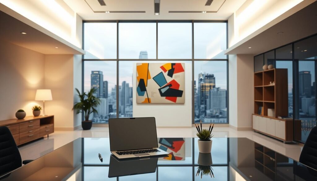 A modern, minimalist office space with a clean, airy aesthetic. In the foreground, a sleek glass desk with a laptop, a few pens, and a potted plant. Soft, diffused lighting illuminates the scene from above, creating a warm, productive atmosphere. In the middle ground, a large, abstract artwork hangs on the wall, its bold colors and geometric shapes representing the unconventional compensation model. The background features floor-to-ceiling windows, offering a panoramic view of a vibrant city skyline, symbolizing the progressive, forward-thinking nature of the non-traditional approach. The overall scene conveys a sense of professionalism, innovation, and a commitment to employee well-being.