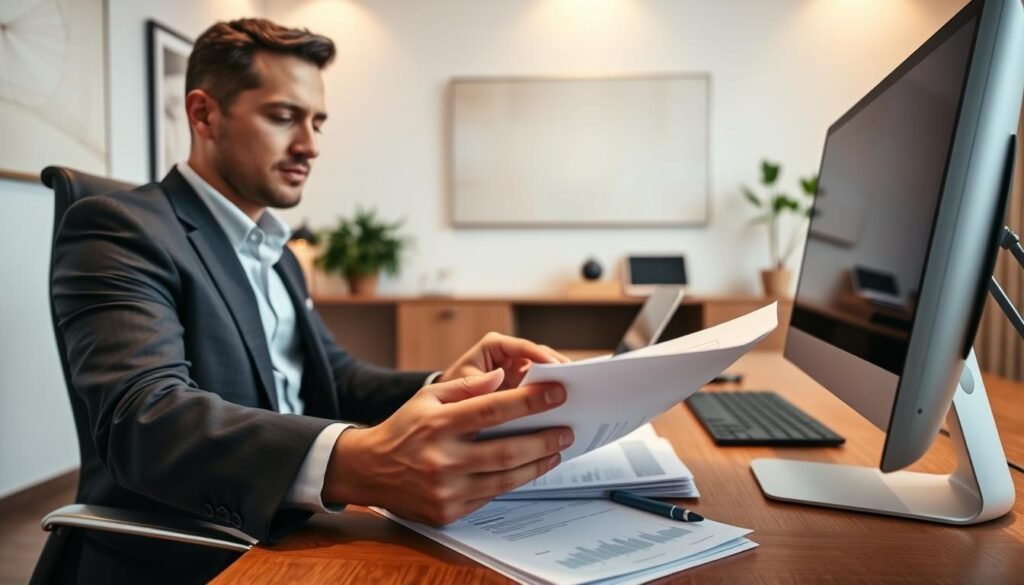 A modern, minimalist office space with a large wooden desk, a comfortable chair, and a sleek computer monitor. In the foreground, a person's hands are meticulously reviewing a stack of documents, their expression focused and thoughtful. Behind them, on the desk, a well-designed laptop, a pen, and a subtle plant accent the professional setting. The walls are adorned with neutral-toned artwork, conveying a sense of refined elegance. Warm, directional lighting creates a contemplative atmosphere, highlighting the importance of the task at hand. The overall scene suggests a thoughtful, deliberate approach to selecting the right executive search firm.