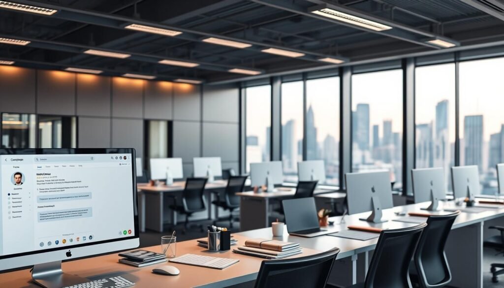 A modern office environment, filled with sleek desks, ergonomic chairs, and a subtle lighting scheme that casts a warm, professional glow. In the foreground, a computer screen displays a user interface, with a clean, minimalist design and intuitive controls, signifying the implementation of an AI-powered chatbot for pre-screening candidates. The middle ground showcases a well-organized, paperless workspace, with digital files and virtual documents taking the place of physical paperwork, hinting at the efficiency and streamlining of the process. In the background, a large window provides a view of a bustling city skyline, symbolizing the global reach and scalability of this AI-driven solution.