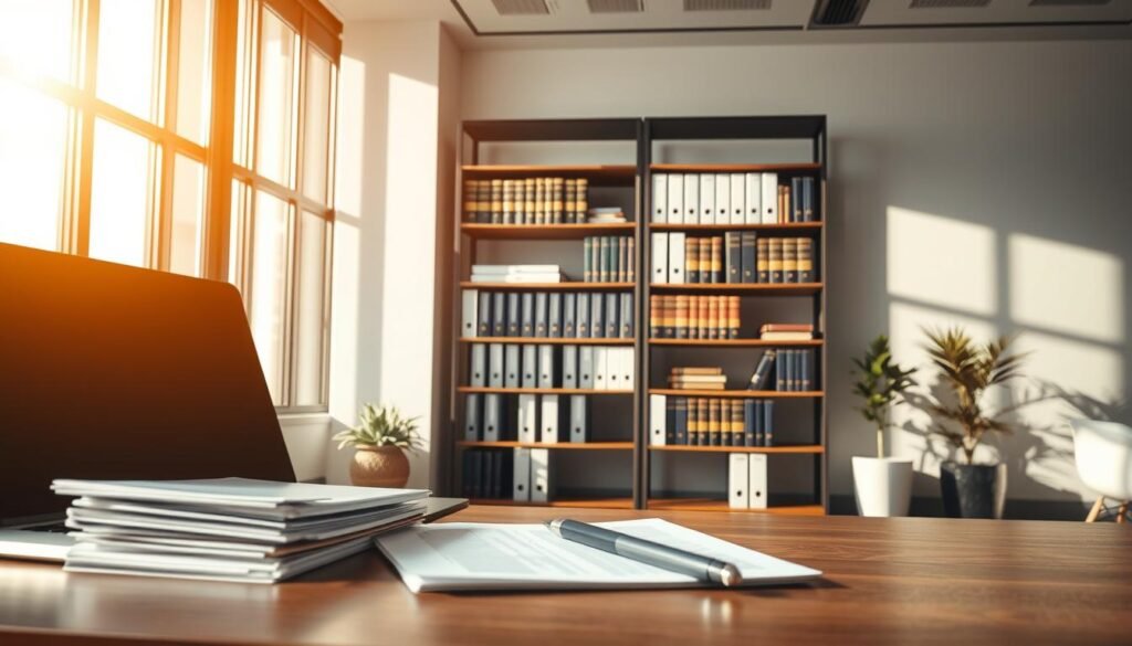 A modern office interior, bathed in warm natural light from a panoramic window. In the foreground, a neatly organized desk displays a stack of documents, a laptop, and a pen thoughtfully positioned. In the middle ground, a bookshelf stands tall, its shelves adorned with legal tomes and regulatory binders, signifying the meticulous attention to compliance obligations. The background features minimalist decor, creating a serene and professional atmosphere, reflecting the diligent approach to managing business requirements.