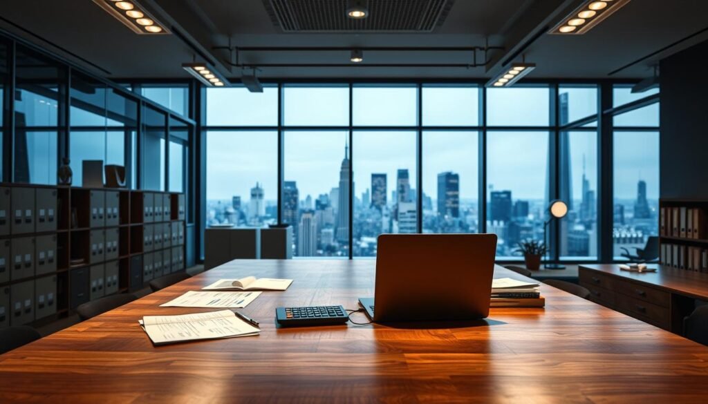 A modern office interior, with a large wooden desk in the foreground. On the desk, an open laptop, a calculator, and various financial documents. In the middle ground, filing cabinets and bookcases, hinting at the data management and reporting aspects of the CFO's work. The background features floor-to-ceiling windows, providing a panoramic view of a bustling city skyline, suggesting the broader strategic considerations of the CFO's role. Soft, directional lighting illuminates the scene, creating a sense of professionalism and focus. The overall mood is one of efficiency, attention to detail, and a balance between operational and strategic priorities.