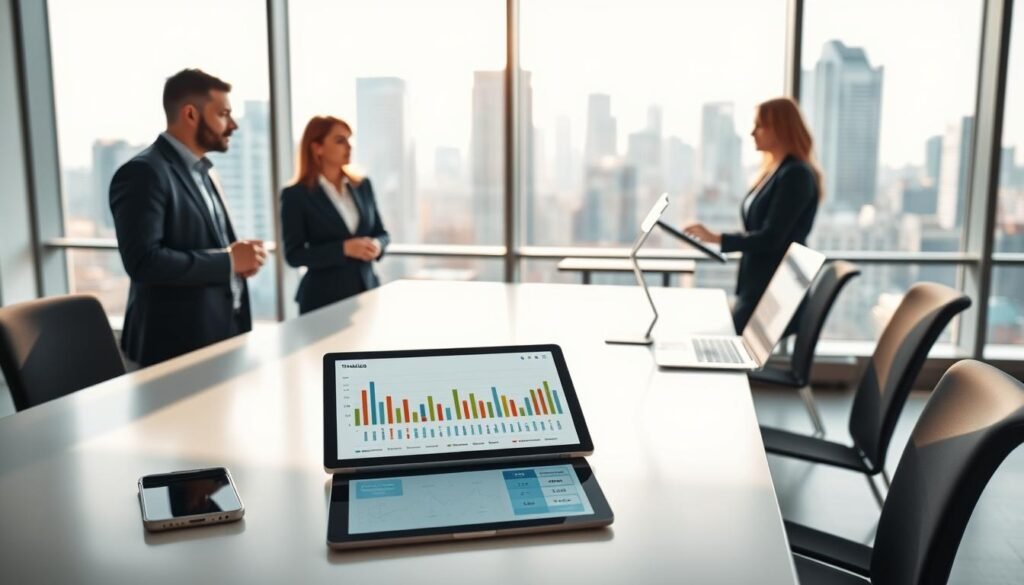A modern office setting with a bright, airy atmosphere. In the foreground, a sleek, minimalist desk with a laptop, smartphone, and a tablet displaying data visualizations and key performance metrics. In the middle ground, a team of professionals in business attire engaged in a collaborative meeting, discussing timelines and service level agreements. The background features large windows overlooking a bustling city skyline, bathed in warm, natural light. The overall scene conveys a sense of efficiency, professionalism, and a focus on responsive, high-quality service.
