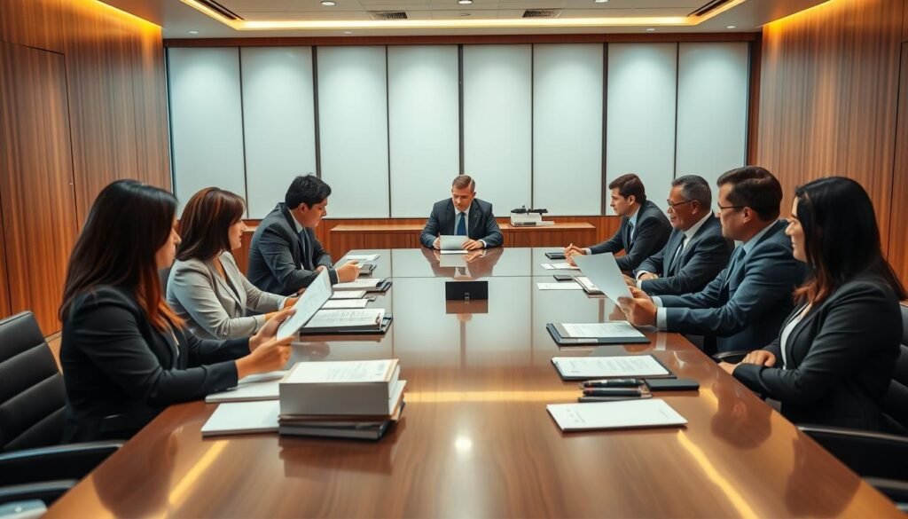A modern office setting with a large conference table surrounded by executives in formal attire, engaged in a serious discussion. The lighting is warm and professional, highlighting the wood paneling and sleek furnishings. In the foreground, a group of HR professionals are reviewing candidate profiles and resumes, while in the background, the board members deliberate the hiring decision. The atmosphere conveys a sense of thoughtful consideration and collaborative decision-making, reflecting the best practices for HR and corporate governance in Colombia.
