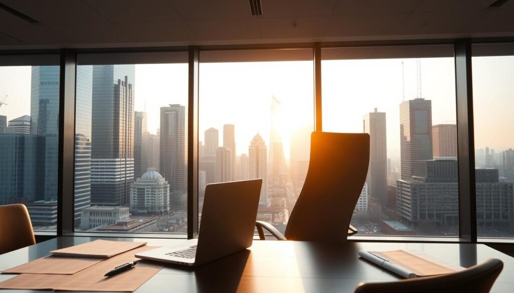 A modern office setting, with a large window overlooking a bustling cityscape. In the foreground, a desk with a laptop, pen, and papers, conveying a sense of executive-level decision making. In the middle ground, a sleek, high-backed chair facing the window, suggesting a thoughtful, contemplative pose. The lighting is a warm, natural glow, creating a serene and focused atmosphere. The background features towering skyscrapers, their reflective surfaces gleaming in the afternoon sun, symbolizing the dynamic, ever-changing nature of the corporate world. The overall scene evokes a sense of strategic planning, data-driven insights, and the proactive management of executive talent retention.