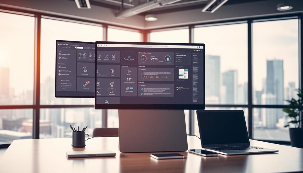 A modern office setting with a minimalist interior design. In the foreground, a computer monitor displays a dashboard with various automation tools and icons. The middle ground features a desk with a laptop, a tablet, and a smartphone, all connected and synced, representing the workflow of repetitive tasks being automated. The background showcases large windows with a cityscape view, symbolizing the productivity and efficiency gained through the implementation of automation technologies. The scene is illuminated by a warm, natural lighting, creating a serene and productive atmosphere. The overall composition conveys the idea of streamlining repetitive processes, reducing manual effort, and improving cost-effectiveness in the recruitment industry.