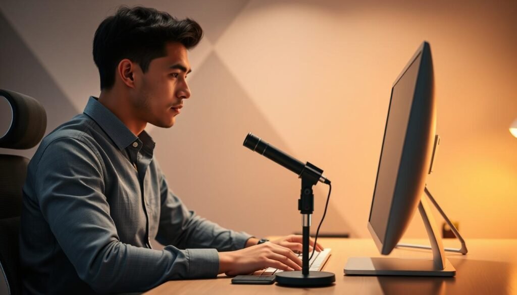 A modern office setting with a person sitting at a desk, intently focused on a computer screen. The lighting is warm and ambient, creating a professional yet inviting atmosphere. The desk is neatly organized, with a sleek microphone and discreet voice control interface prominently displayed. The background features a geometric wall pattern in muted tones, hinting at the integration of advanced voice communication technology. The person's posture and expression convey a sense of engaged concentration, as they navigate the step-by-step implementation of a voice-based AI system within the Colombian business environment.