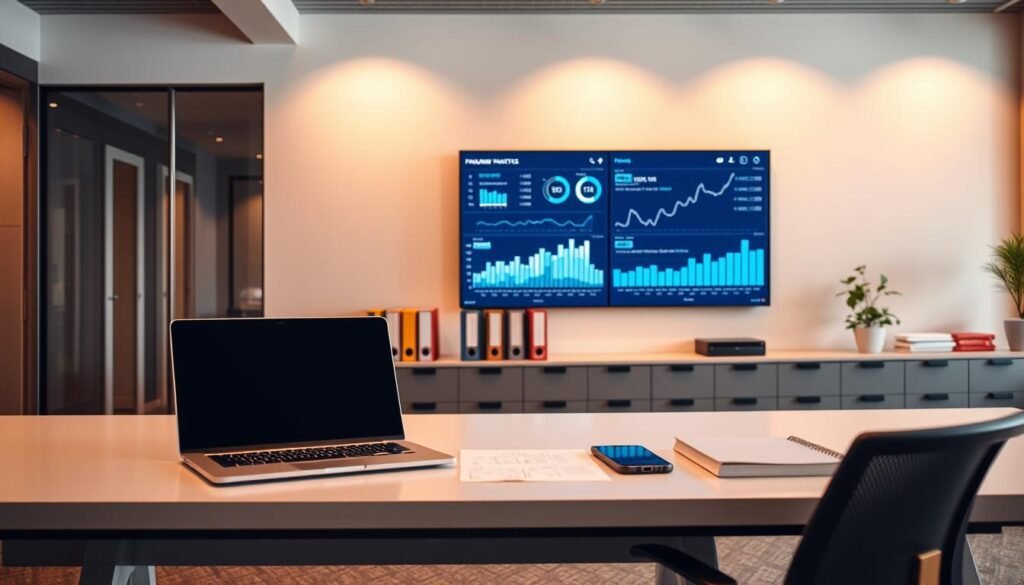 A modern office setting with a sleek, minimalist aesthetic. In the foreground, a desk with a laptop, a tablet, and a smartphone arranged neatly, symbolizing the integration of technology in the financial management process. The middle ground features a well-organized filing system, representing the efficient organization of financial data. In the background, a large wall-mounted display showcases real-time financial metrics and analytics, illuminated by warm, focused lighting that creates a professional and productive atmosphere. The overall scene conveys a sense of technological sophistication, streamlined workflows, and data-driven decision making within the financial department.