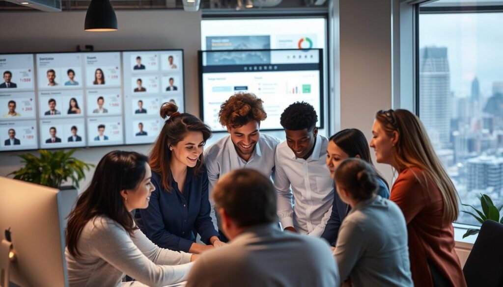 A modern office setting with a team of diverse HR professionals collaborating on a project. In the foreground, a group of employees are gathered around a table, deep in discussion, their faces illuminated by the soft glow of a computer screen. In the middle ground, a wall-mounted display showcases employee profiles and performance analytics, while in the background, a floor-to-ceiling window offers a panoramic view of a bustling city skyline. The atmosphere is one of productivity, innovation, and a commitment to cultivating a dynamic, inclusive workplace culture.