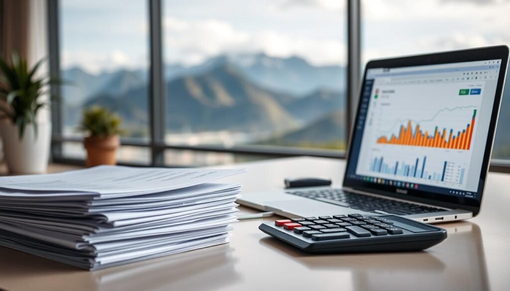A modern office space with a focus on payroll taxes in Colombia. In the foreground, a stack of documents and calculator, symbolizing the administrative aspects of payroll taxes. In the middle ground, a laptop displaying financial data and charts, conveying the analytical nature of the topic. In the background, a panoramic view of the Andes mountains, representing the Colombian context. Soft, diffused lighting creates a professional, yet warm atmosphere. The composition emphasizes the interconnectedness of payroll taxes, technology, and the unique Colombian landscape.