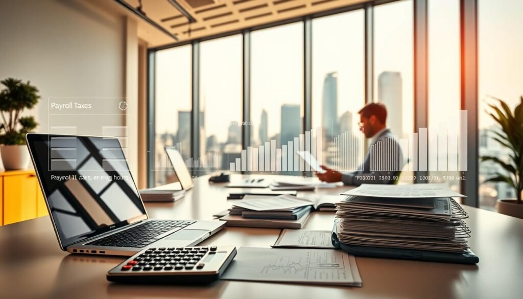 A modern office workspace with a clean, minimalist aesthetic. In the foreground, a neatly organized desk displaying a laptop, calculator, and organized files, conveying payroll compliance. The middle ground features an accountant or financial professional diligently working on paperwork, surrounded by subtle graphical elements visualizing payroll data, withholding taxes, and employee hours. The background showcases a large window overlooking a bustling city skyline, bathed in warm, natural lighting that creates a sense of productivity and efficiency. The overall mood is one of professionalism, order, and attention to detail in payroll management.