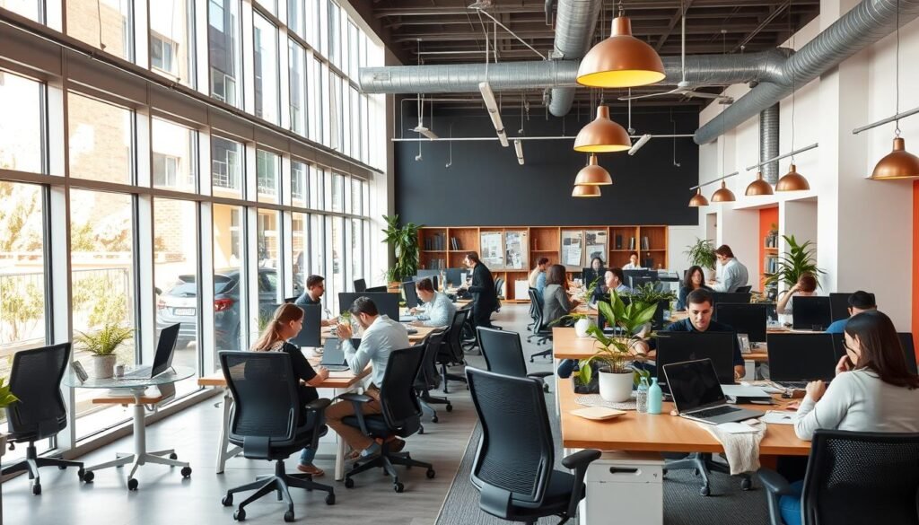 A modern open-plan office space with natural light flooding through large windows. Desk setups with ergonomic chairs, laptops, and office supplies create a productive atmosphere. Employees are engaged in various tasks - some typing at their computers, others discussing project plans, and a few taking a brief break. Warm pendant lighting and potted plants add a cozy, collaborative vibe. The scene conveys a sense of a dynamic, efficient workday with a focus on employee well-being and productivity.