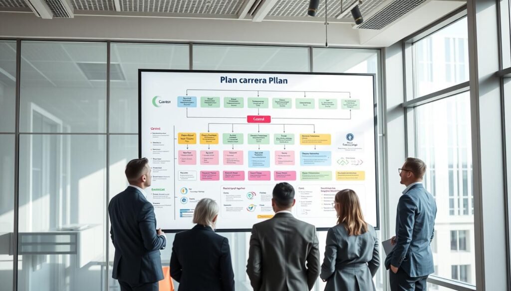 A modern, professional office interior with a large whiteboard or wall-mounted monitor displaying a detailed organizational chart and career development plan. The scene is brightly lit with natural light streaming in from large windows, creating a sense of openness and clarity. Diagrams, graphs, and color-coded sections illustrate the different stages and components of the "Plan carrera". Executives and managers stand around the display, engaged in discussion and reviewing the plan. The atmosphere is collaborative and forward-thinking, reflecting the importance of this strategic initiative.