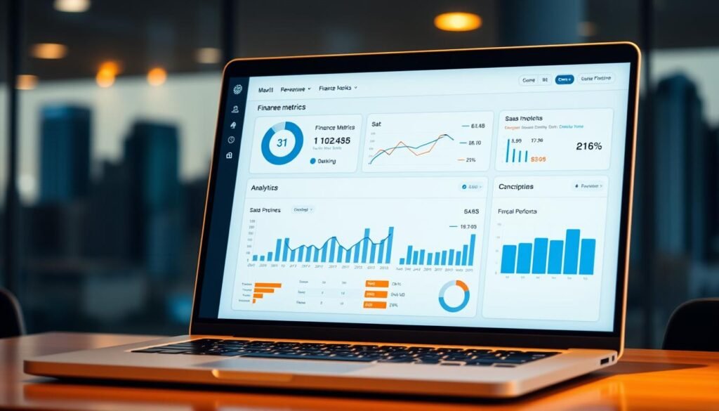 A modern, sleek finance dashboard displayed on a laptop screen, showcasing real-time revenue metrics, analytics graphs, and SaaS performance indicators. The layout is clean and minimalist, with clear data visualization and intuitive UI elements. Warm, indirect lighting illuminates the scene, creating a professional, tech-savvy atmosphere. The screen is viewed from a slightly elevated angle, highlighting the depth and detail of the reporting interface. The background features a blurred, out-of-focus city skyline, alluding to the global nature of the SaaS business. The overall impression is one of sophisticated, data-driven financial management for a thriving Colombian SaaS company. A modern, sleek finance dashboard displayed on a laptop screen, showcasing real-time revenue metrics, analytics graphs, and SaaS performance indicators. The layout is clean and minimalist, with clear data visualization and intuitive UI elements. Warm, indirect lighting illuminates the scene, creating a professional, tech-savvy atmosphere. The screen is viewed from a slightly elevated angle, highlighting the depth and detail of the reporting interface. The background features a blurred, out-of-focus city skyline, alluding to the global nature of the SaaS business. The overall impression is one of sophisticated, data-driven financial management for a thriving Colombian SaaS company.