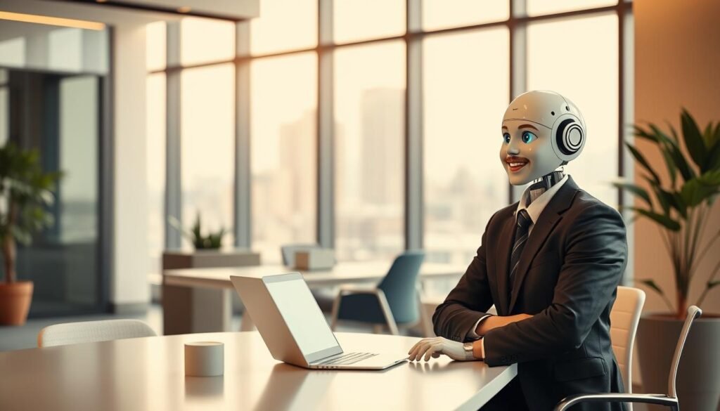 A modern, sleek office setting with a warm, welcoming atmosphere. In the foreground, a smiling, well-dressed candidate is engaged in a friendly conversation with a chatbot assistant. The chatbot has a simple, intuitive interface and a human-like demeanor, creating a natural and approachable interaction. The middle ground features a minimalist desk with a laptop and a few subtle office accents, conveying a professional yet inviting environment. The background showcases large windows overlooking a cityscape, bathing the scene in soft, natural lighting. The overall mood is one of productive collaboration, where the candidate feels valued and the chatbot serves as a helpful, AI-powered tool to enhance the engagement process.