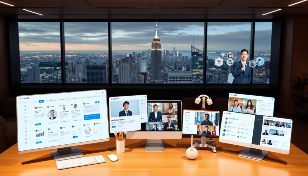 A modern, sleek office setting with various AI-powered recruitment platforms and tools prominently displayed. The foreground features a clean, minimalist user interface showcasing candidate profiles, job postings, and analytics dashboards. The middle ground includes virtual assistants, video interview setups, and collaboration software. The background depicts a panoramic view of a bustling city skyline, hinting at the global reach and impact of these transformative recruitment technologies. The overall scene conveys a sense of efficiency, innovation, and the future of talent acquisition, reflecting the cutting-edge advancements in the field.