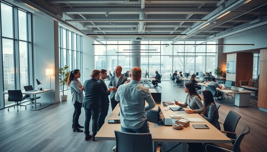 A modern, sleek office space with a dynamic and productive atmosphere. In the foreground, a team of professionals collaborating around a large conference table, engaged in lively discussion. The middle ground features an open-concept workspace with employees working at desks, laptops open and files scattered, conveying a sense of efficiency and progress. The background showcases floor-to-ceiling windows, allowing ample natural light to flood the space and create a sense of openness and transparency. Warm, muted tones combined with clean, minimalist design elements establish a professional, yet approachable aesthetic. The overall scene conveys a streamlined, accelerated workflow optimized for rapid business growth and development.