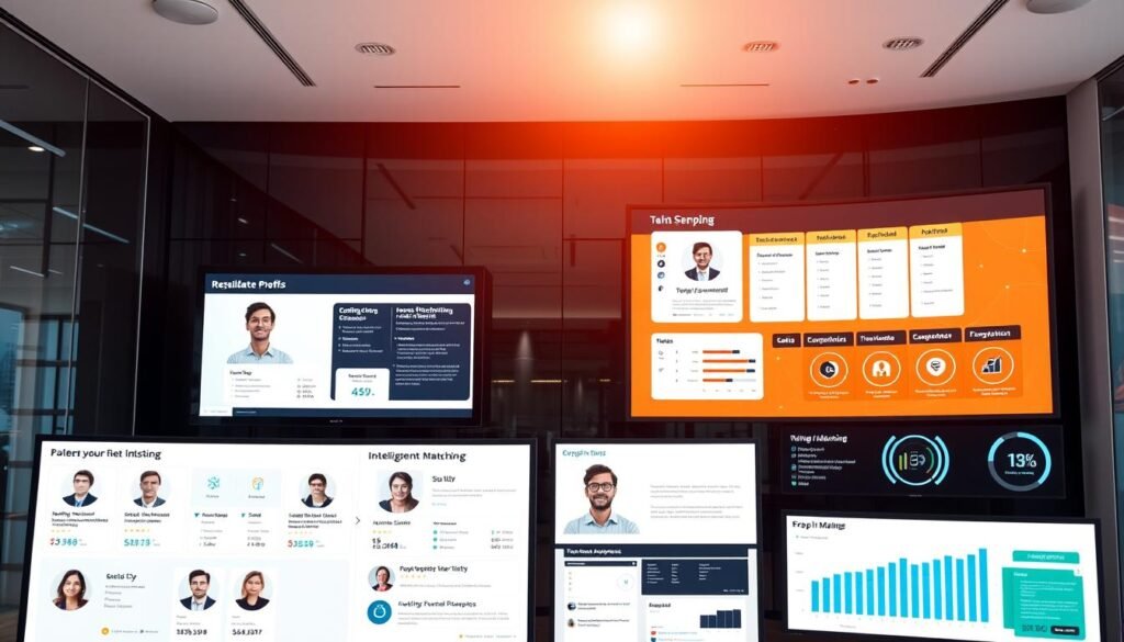 A modern, sleek office space with various recruitment platforms and hiring tools prominently displayed on a series of large, high-resolution displays. The screens showcase detailed candidate profiles, skill assessments, and intelligent matching algorithms. The lighting is bright and professional, with a subtle ambient glow that highlights the advanced technology. The overall scene conveys a sense of efficiency, innovation, and a data-driven approach to talent acquisition. The composition places the platforms and tools as the central focus, emphasizing their importance in the recruitment process.