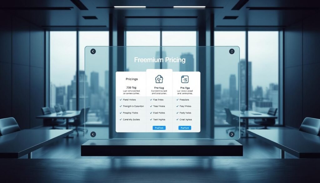 A modern, sophisticated B2B enterprise pricing display showcasing a freemium software model. In the foreground, a sleek, floating glass display panel presents the pricing tiers with clean typography and bold icons. The middle ground features a minimalist office setting with smooth, brushed metal desks and chairs, and large windows overlooking a cityscape. The background depicts a moody, atmospheric lighting with cool, blue-tinted hues, conveying a sense of professionalism and high-end technology. The overall scene evokes a sense of precision, elegance, and a premium enterprise software experience.