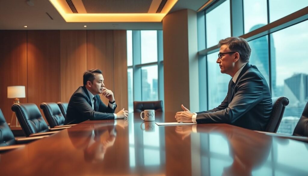 A modern, well-lit executive boardroom with a long mahogany table, plush leather chairs, and floor-to-ceiling windows overlooking a bustling city skyline. Two business professionals, smartly dressed in suits, are engaged in an in-depth interview, their expressions focused and attentive. The lighting is warm and directional, accentuating the thoughtful poses and creating a sense of gravity and importance. The background is slightly blurred, emphasizing the central figures and the weight of the discussion. The overall mood is one of professionalism, sophistication, and the careful consideration of high-level decision-making.