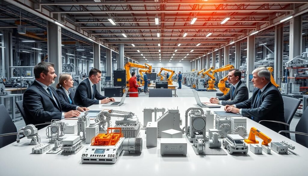A modern, well-lit executive office space featuring several business leaders in formal attire, seated around a large conference table. The middle ground showcases detailed 3D models of various industrial manufacturing equipment and machinery. In the background, an expansive factory floor bustles with activity, filled with workers operating advanced robotic systems and cutting-edge production lines. The scene conveys a sense of collaborative decision-making, technological innovation, and the intersection of corporate strategy and operational excellence within the manufacturing industry.