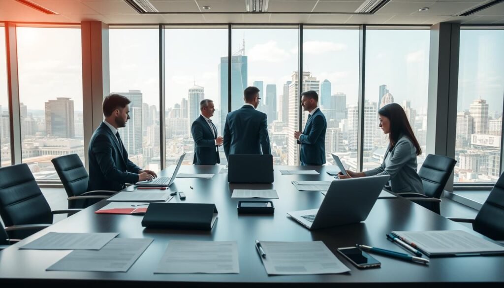 A modern, well-lit office interior with a large conference table in the foreground. On the table, various documents, contracts, and a laptop are neatly arranged, suggesting an ongoing business meeting or negotiation. The middle ground features several businesspeople in formal attire, engaged in discussion around the table. In the background, floor-to-ceiling windows offer a view of a bustling city skyline, conveying a sense of professional progress and productivity. The overall atmosphere is one of efficiency, collaboration, and the step-by-step process of commercial transactions.