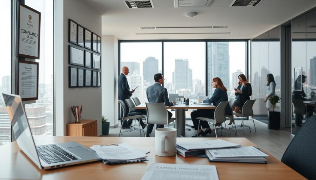 A modern, well-lit office interior. In the foreground, a neatly organized desk with a laptop, paperwork, and a coffee mug. On the wall behind, certificates and framed legal documents outlining compliance regulations. In the middle ground, a team of professionals in business attire collaborating around a conference table, discussing policies and procedures. The background features floor-to-ceiling windows overlooking a vibrant cityscape, conveying a sense of professionalism and attention to detail. The overall atmosphere is one of efficiency, organization, and a commitment to staying legally compliant.