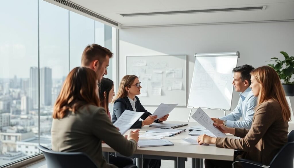 A modern, well-lit office setting with a team of professionals engaged in a collaborative recruitment process. In the foreground, a group of individuals sitting around a conference table, reviewing résumés and discussing potential candidates. The middle ground features a whiteboard with notes and diagrams, highlighting the structured approach to the hiring process. In the background, a panoramic view of the city skyline, symbolizing the broader business landscape. The overall atmosphere conveys a sense of focus, expertise, and attention to detail, reflecting the specialized nature of the headhunting service for finance directors at medium-sized enterprises.