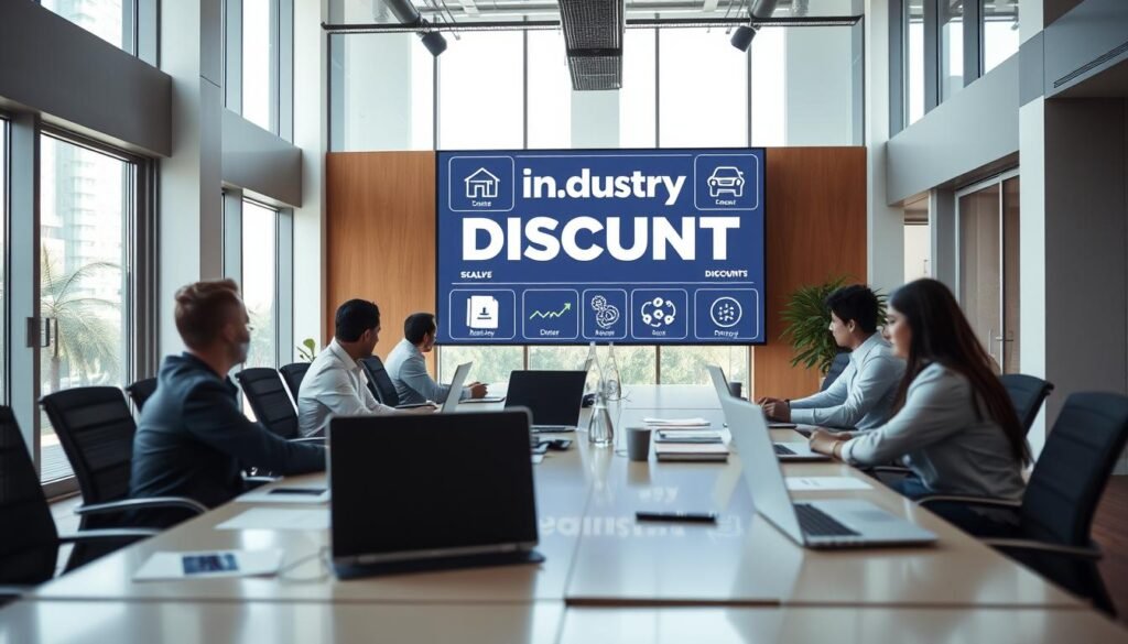 A modern, well-lit office space with a corporate atmosphere. In the foreground, a conference table with several laptops and documents, conveying a sense of active collaboration and discussion. In the middle ground, a large display screen showing various industry-specific icons and discounts, emphasizing the "industry discount" theme. The background features floor-to-ceiling windows, allowing natural light to flow in and creating a bright, airy ambiance. The overall mood is professional, yet with a touch of warmth and dynamism, reflecting the benefits of scaling a SAS company in Colombia.