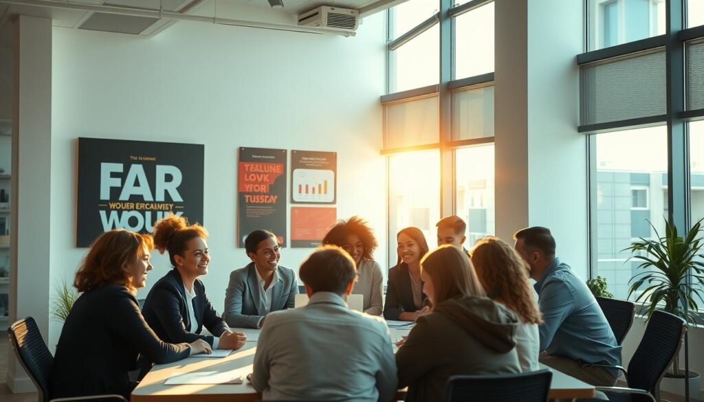A modern, well-lit office space with a team of diverse professionals gathered around a conference table. Sunlight filters in through large windows, casting a warm glow on the scene. In the foreground, a group of colleagues are engaged in a lively discussion, their expressions conveying a sense of collaboration and mutual understanding. Behind them, the walls are adorned with corporate artwork and motivational posters, reflecting the company's commitment to inclusivity and equality. The overall atmosphere is one of professionalism, productivity, and a shared sense of purpose, capturing the essence of a progressive workplace that values diversity and upholds fair policies.