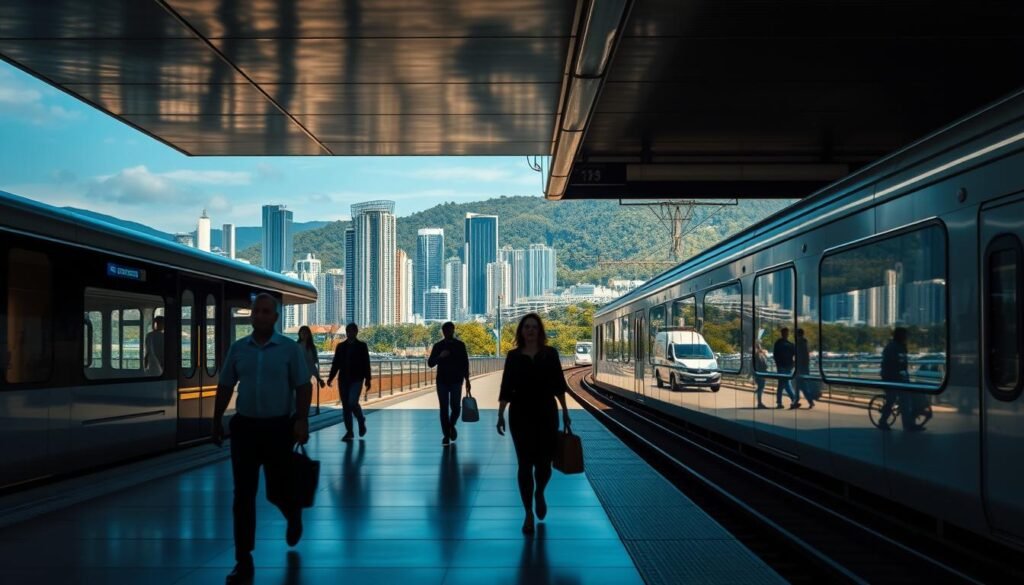 A modern, well-lit platform in a bustling Colombian city. The foreground features a sleek, minimalist train station with clean lines and gleaming surfaces. In the middle ground, commuters hurry across the platform, their silhouettes captured in a dramatic chiaroscuro effect. The background reveals the vibrant skyline of the city, with towering skyscrapers and lush greenery in the distance, bathed in warm, golden light. The overall scene conveys a sense of efficiency, progress, and the dynamic energy of a thriving business hub.