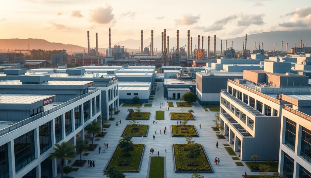 A modern, well-organized industrial property complex situated in a bustling Colombian city. In the foreground, rows of sleek, minimalist office buildings with large glass facades and clean architectural lines. The middle ground features a network of paved walkways and landscaped courtyards, with people strolling and employees stepping out for their breaks. In the background, towering smokestacks and machinery from the manufacturing facilities, bathed in warm, golden lighting that suggests productivity and innovation. The overall scene conveys a sense of efficiency, progress, and Colombia's thriving industrial landscape.