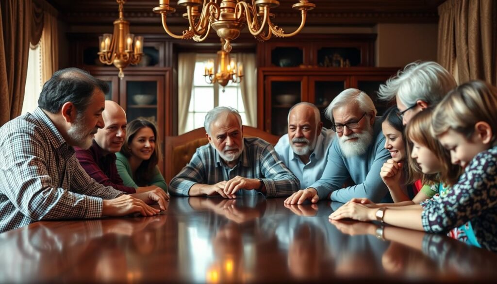 A multi-generational family meeting around a polished mahogany table, bathed in warm lighting from brass chandeliers. The elder patriarchs offer sage guidance to the next generation, their faces etched with experience. Younger faces, eager and attentive, lean forward, absorbing the wisdom being shared. A sense of transition and trust permeates the scene, as the family navigates the changing of the guard. The background is softly blurred, drawing focus to the intergenerational dialogue at the heart of this "relevo generacional" moment.