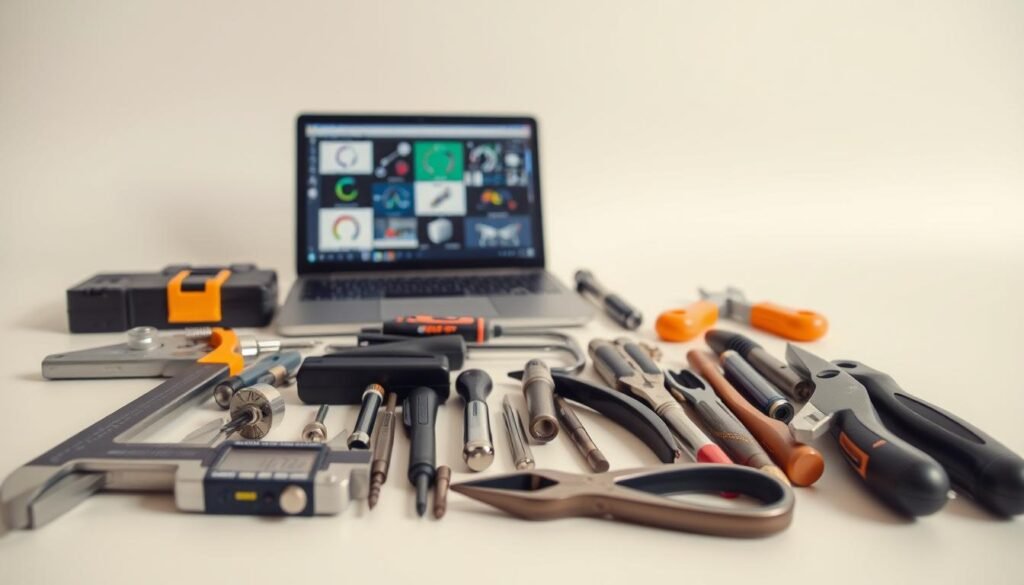 A neatly arranged collection of diverse, high-quality work tools on a clean, uncluttered surface. In the foreground, an assortment of professional-grade implements such as a digital caliper, a small screwdriver set, and a pair of precision pliers. In the middle ground, a tablet or laptop displaying various software interfaces, symbolizing the integration of technology. The background features a minimalist, neutral-toned setting, allowing the tools to take center stage. The overall composition conveys a sense of organization, efficiency, and the harmonious blend of manual and digital resources that empower inclusive work practices.