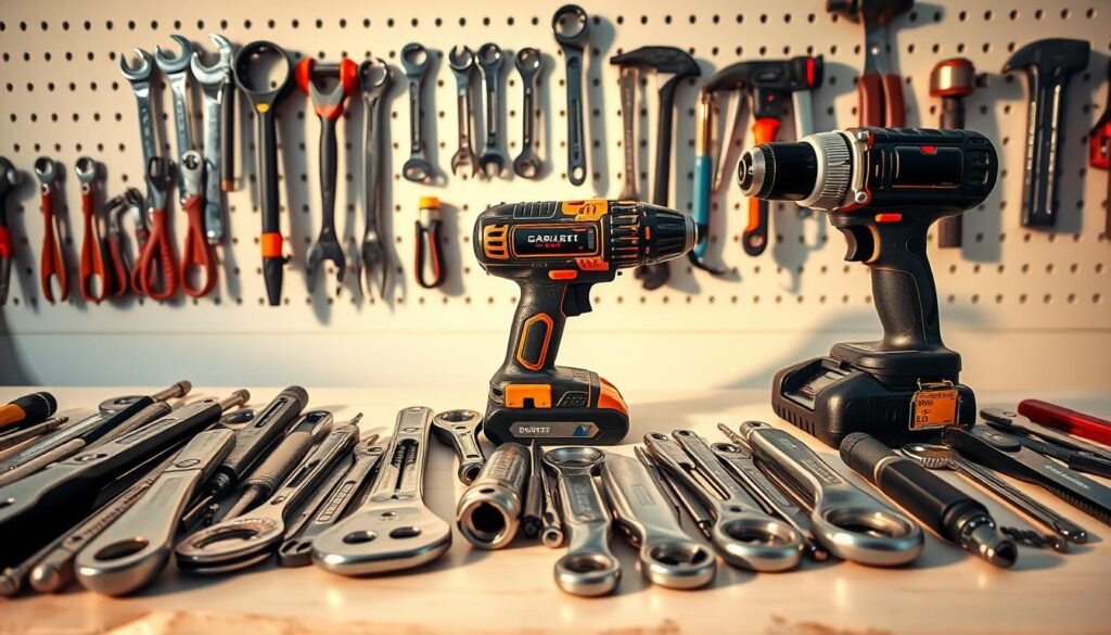 A neatly organized array of professional tools on a clean, well-lit workbench. In the foreground, a set of precision screwdrivers, pliers, and wrenches, their metallic surfaces gleaming under warm, directional lighting. In the middle ground, a cordless power drill, its battery pack and various drill bits stand ready for use. The background features a pegboard with hooks displaying an assortment of spanners, hammers, and other hand tools, casting long shadows that convey a sense of depth and dimension. The overall scene evokes a workspace dedicated to meticulous analysis and evaluation, perfect for the "Herramientas y sistemas para practicar y evaluar con calidad" section. A neatly organized array of professional tools on a clean, well-lit workbench. In the foreground, a set of precision screwdrivers, pliers, and wrenches, their metallic surfaces gleaming under warm, directional lighting. In the middle ground, a cordless power drill, its battery pack and various drill bits stand ready for use. The background features a pegboard with hooks displaying an assortment of spanners, hammers, and other hand tools, casting long shadows that convey a sense of depth and dimension. The overall scene evokes a workspace dedicated to meticulous analysis and evaluation, perfect for the "Herramientas y sistemas para practicar y evaluar con calidad" section.