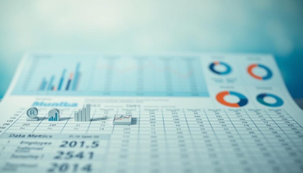 A neatly organized spreadsheet featuring a variety of data visualizations, including bar graphs, line charts, and pie charts. The foreground showcases clean, minimalist icons representing different data types such as financial metrics, employee satisfaction scores, and performance indicators. The middle ground displays the spreadsheet with columns and rows, highlighting the structured nature of the data. The background features a soft, blurred gradient in complementary shades of blue and green, conveying a sense of professionalism and technology. The overall scene is well-lit, with a subtle, directional light source casting gentle shadows to accentuate the depth and texture of the elements. The mood is one of clarity, precision, and data-driven insights.