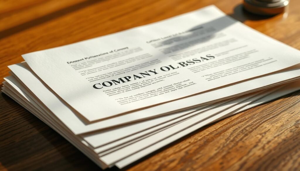 A neatly organized stack of official documents, the company bylaws, resting on a polished oak desk. The pages have a crisp, pristine appearance, with clean lines and precise typography. Warm, directional lighting casts subtle shadows, highlighting the textured parchment-like surface. The scene conveys a sense of professionalism and attention to detail, perfectly suited to illustrate the "Drafting bylaws and the public deed: must-have clauses for a Ltda" section of the article on registering an LTDA company in Colombia.