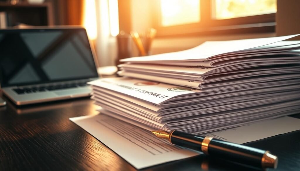 A neatly stacked pile of official-looking documents on a dark wooden desk, illuminated by warm, natural lighting streaming through a nearby window. The documents have a crisp, professional appearance, with clear text, official seals, and intricate patterns on the pages. In the foreground, a fountain pen rests next to the documents, suggesting a sense of authority and attention to detail. The middle ground features a modern laptop and a stylish desk organizer, hinting at the digital and analog components of corporate governance. The background is softly blurred, creating a sense of focus and importance on the central documents. A neatly stacked pile of official-looking documents on a dark wooden desk, illuminated by warm, natural lighting streaming through a nearby window. The documents have a crisp, professional appearance, with clear text, official seals, and intricate patterns on the pages. In the foreground, a fountain pen rests next to the documents, suggesting a sense of authority and attention to detail. The middle ground features a modern laptop and a stylish desk organizer, hinting at the digital and analog components of corporate governance. The background is softly blurred, creating a sense of focus and importance on the central documents.