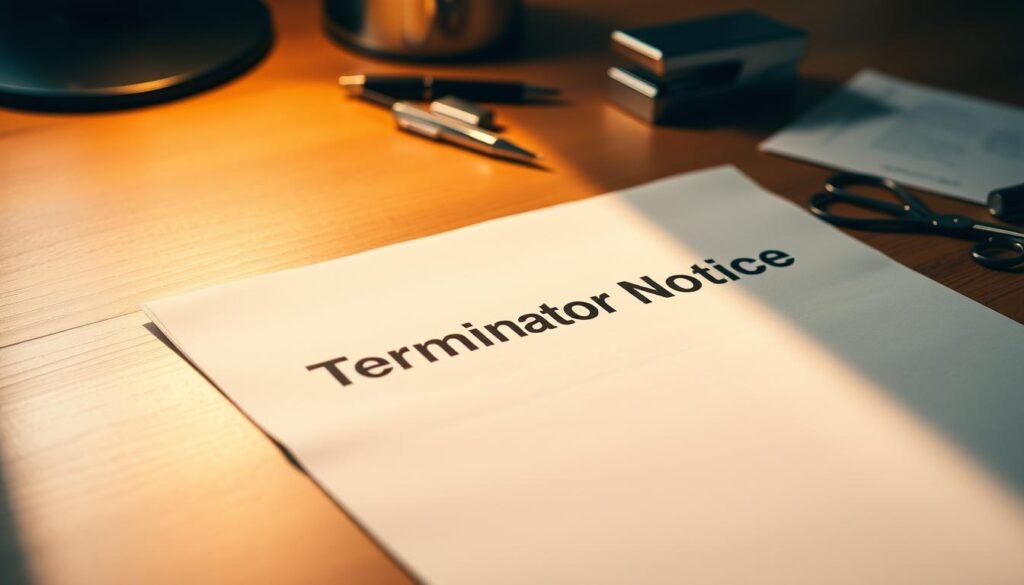 A neatly typed termination notice rests on a wooden desk, casting a soft shadow. The document's header stands out in bold text against the crisp, white paper. Surrounding it, a few scattered office supplies - a pen, a pair of scissors, and a stapler - suggest a professional, corporate setting. Warm, directional lighting bathes the scene, creating a pensive, contemplative atmosphere. The depth of field is shallow, keeping the notice in sharp focus while the background fades into a subtle, blurred office environment.