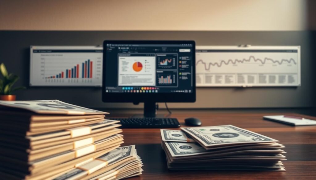 A panoramic scene depicting the financial considerations faced by entrepreneurs. In the foreground, a stack of U.S. dollar bills symbolizes the costs associated with launching a new business. In the middle ground, a computer screen displays charts and graphs representing the capital required to fund operations. In the background, a detailed timeline stretches out, indicating the lengthy process of securing visas and residency. The scene is illuminated by warm, natural lighting, creating a sense of thoughtful contemplation. Rendered in a realistic, high-definition style that emphasizes the gravity of the subject matter.